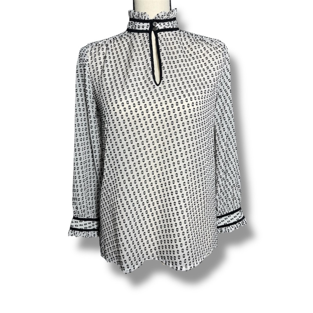 J Crew White Silk Clip Dot Career Blouse Business Casual Chiffon Ruffle Top, S